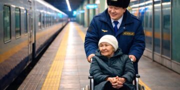 Вокзалда мүгедектігі бар жандарды автокөліктен вагонға дейін жеткізеді